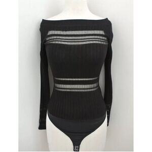 INTERMIX Women's Black Sheer Knit Bodysuit Size L Off-Shoulder Top